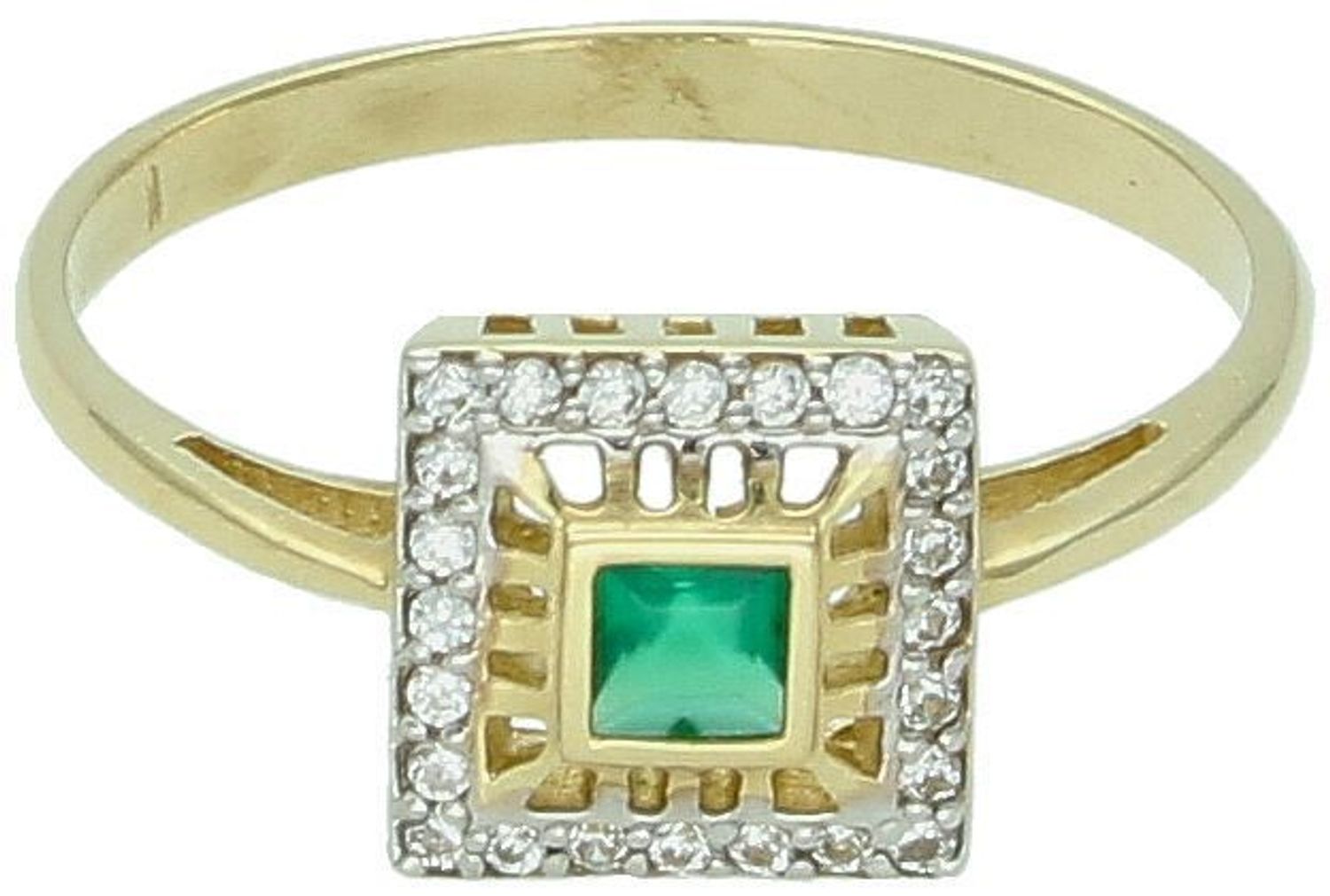 Złoty pierścionek damski próby 585 z kwadratowym wzorem i zieloną cyrkonią. Waga 1,83 g, rozmiar 13, szerokość szyny 2 mm, element ozdobny 8 mm. Piękna biżuteria na każdą okazję.1.jpg