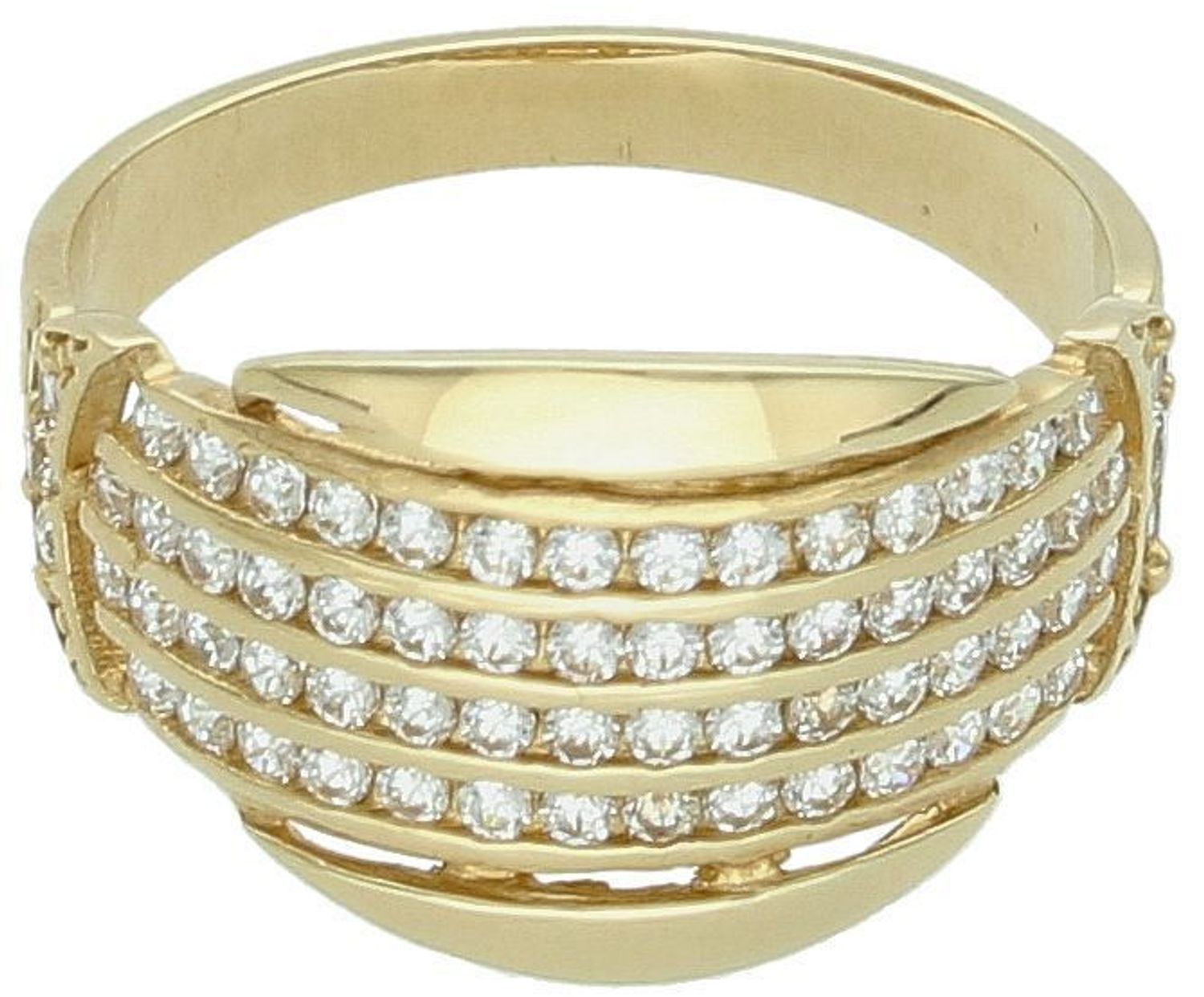 Złoty pierścionek damski próby 585, zdobiony lśniącymi cyrkoniami. Rozmiar 13, waga 3,15 g. Klasyczny styl i ponadczasowa elegancja – idealny na prezent lub zaręczyny.1.jpg