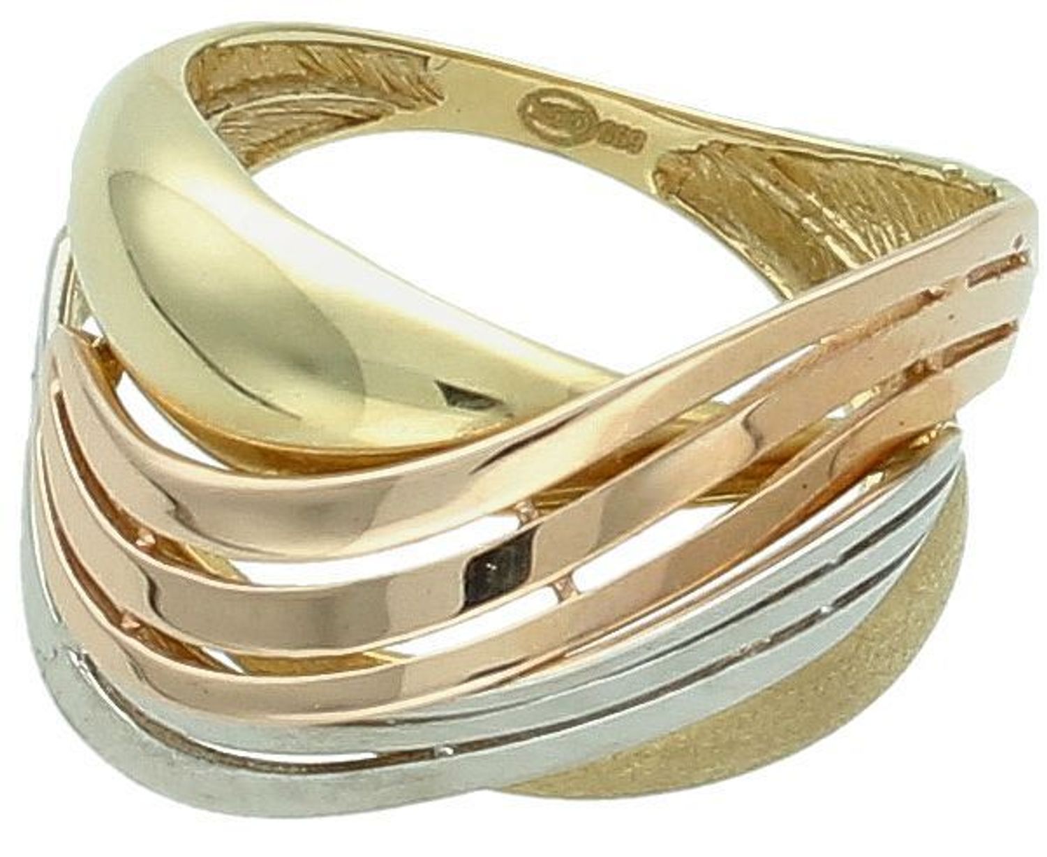 Złoty pierścionek szeroki trzy kolory złota próba 585 rozmiar 13, DIA-PRS-7880-585. Złoty szeroki pierścionek w trzech kolorach złota to naprawdę elegancka i nowoczesna opcja biżuterii. 1.jpg