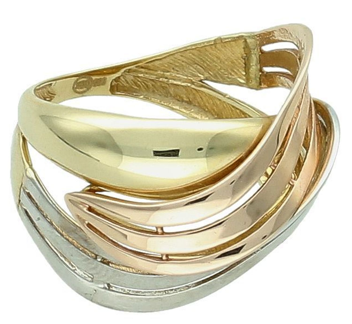 Złoty pierścionek szeroki trzy kolory złota próba 585 rozmiar 13, DIA-PRS-7880-585. Złoty szeroki pierścionek w trzech kolorach złota to naprawdę elegancka i nowoczesna opcja biżuterii. 1.jpg