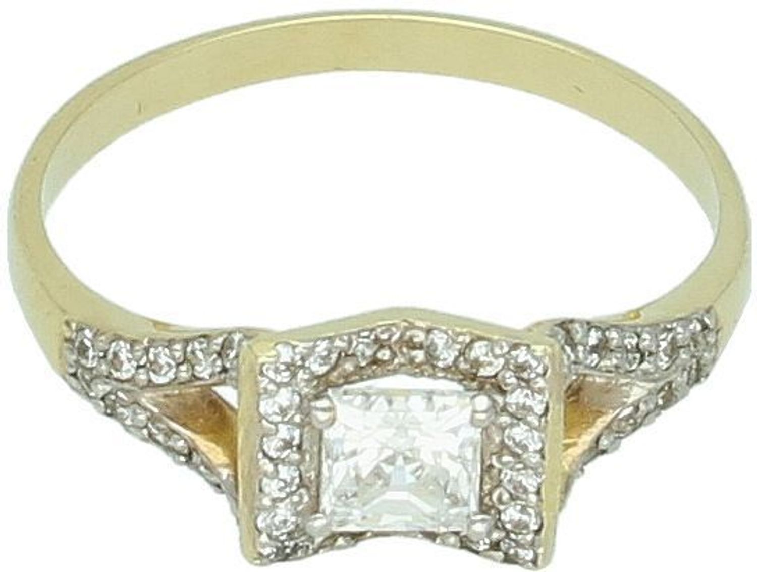 Złoty pierścionek damski próby 585, model DIA-PRS-7886-585. Waga 2,11 g, zdobiony cyrkoniami. Wielkość elementu górnego 8 mm x 7 mm, szerokość szyny pierścionka 2 mm. Elegancka 1.jpg