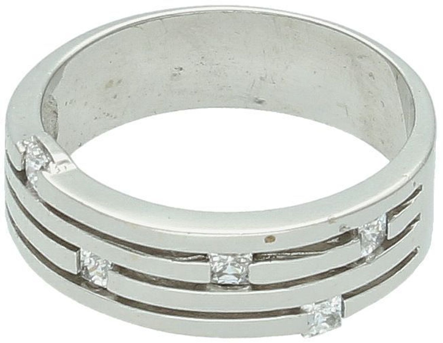 Elegancki pierścionek damski w formie obrączki z białego złota próby 585, model DIA-PRS-7887-585. Zdobiony cyrkoniami, szerokość 6 mm, waga 4,40 g. Klasa, blask i trwałość.1.jpg