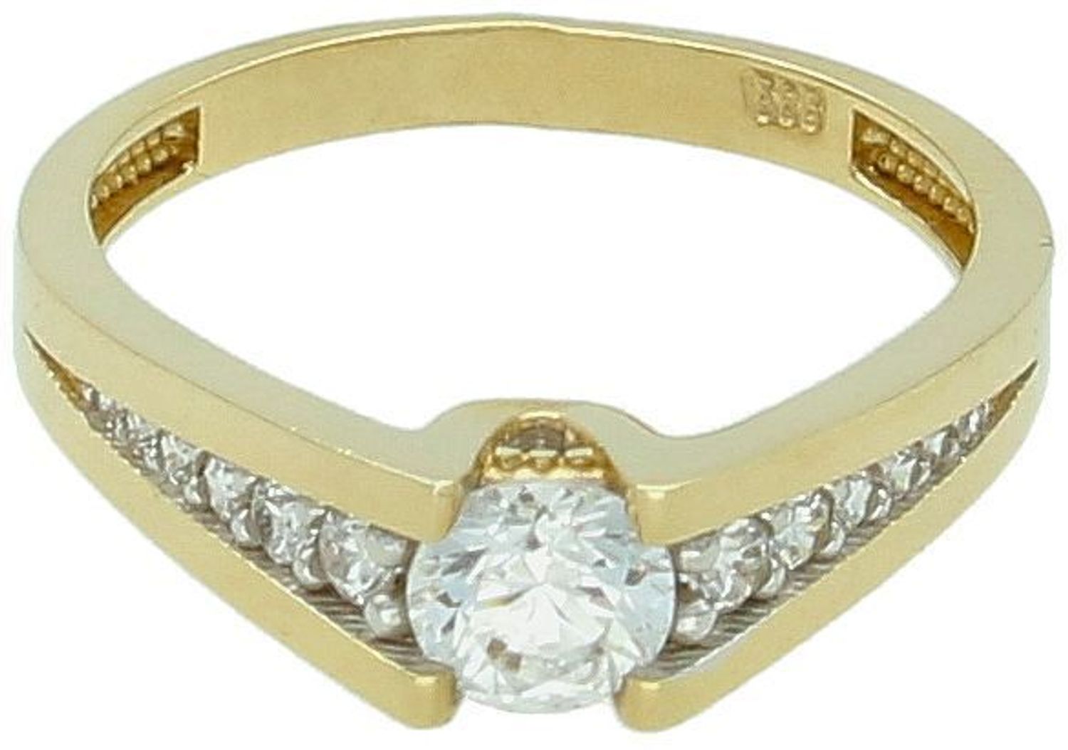 Złoty pierścionek zaręczynowy ozdobiony cyrkoniami próba 585 rozmiar 14, DIA-PRS-7890-585. Złoty pierścionek zaręczynowy ozdobiony cyrkoniami próba 585 to symbol miłości i elegancji. 1.jpg