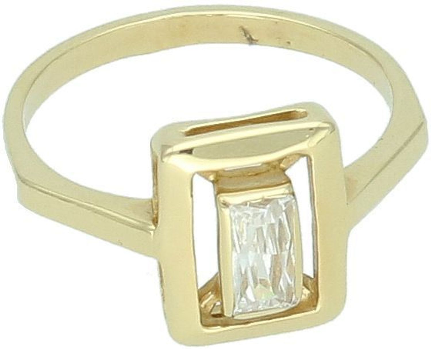 Wyjątkowy pierścionek złoty próby 585 o geometrycznej formie, zdobiony prostokątną cyrkonią. Waga 2,98 g, wymiary elementu ozdobnego 9 mm x 1,1 cm, szyna 2 mm. Elegancja i styl w nowoczesnej 1.jpg