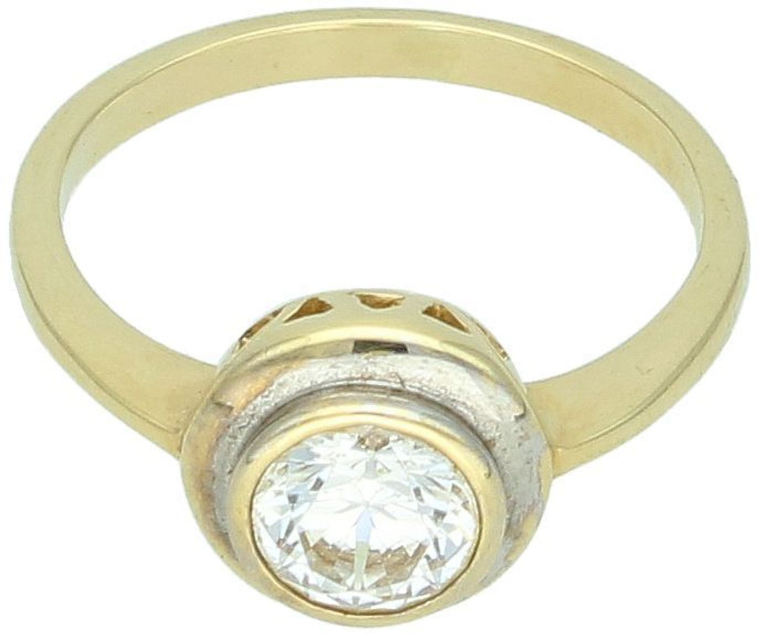 Złoty pierścionek damski próba 585 z okrągłą cyrkonią – model DIA-PRS-7897-585 o wadze 2,90 g z ozdobą o średnicy 1 cm. Stylowy i elegancki dodatek na każdą okazję.1.jpg