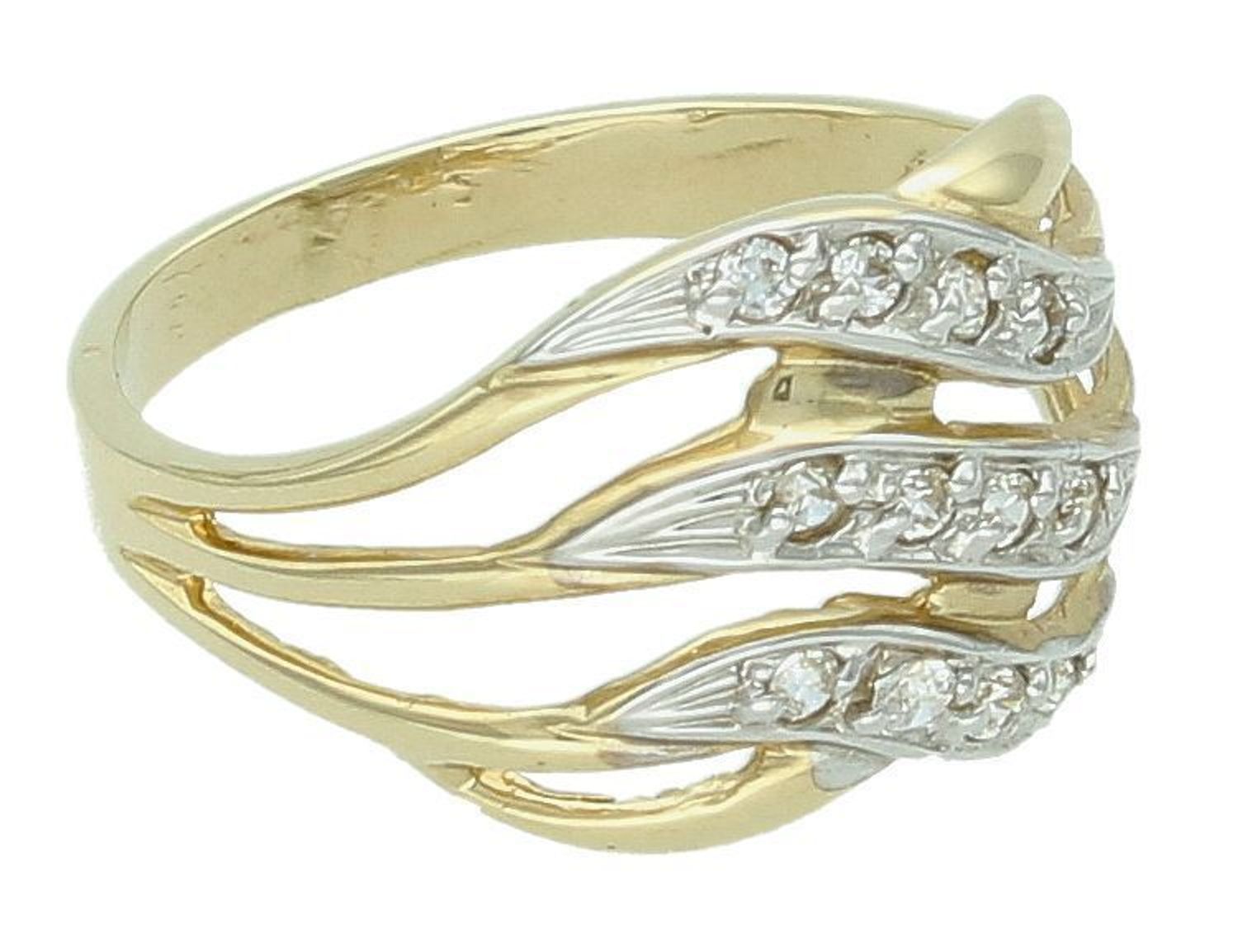 Złoty pierścionek damski próby 585, model DIA-PRS-7898-585. Waga 3,03 g, szeroka, przeplatana oprawa zdobiona cyrkoniami. Szerokość górnej części 1,3 cm, szerokość szyny 2 mm. Rozmiar 14. 2.jpg