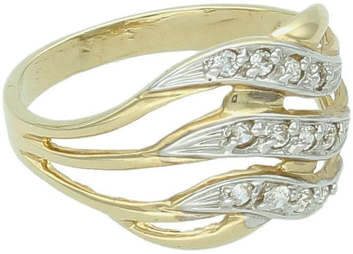 Złoty pierścionek damski próby 585, model DIA-PRS-7898-585. Waga 3,03 g, szeroka, przeplatana oprawa zdobiona cyrkoniami. Szerokość górnej części 1,3 cm, szerokość szyny 2 mm. Rozmiar 14. 2.jpg