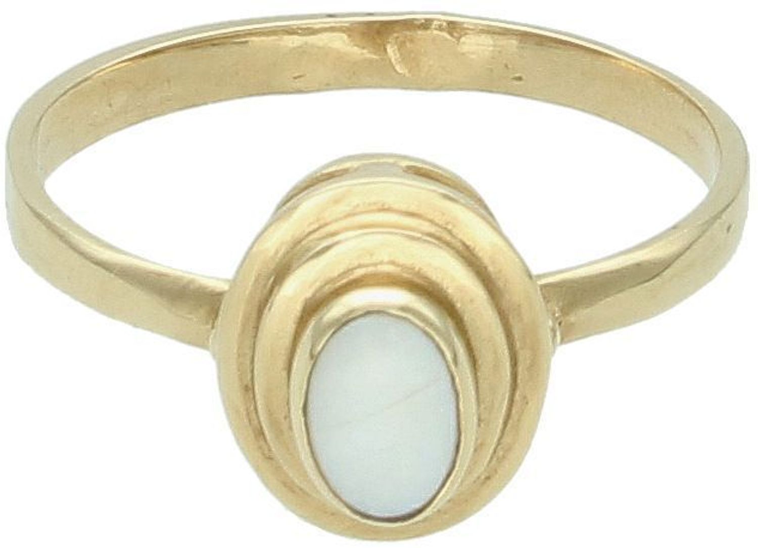 Złoty pierścionek damski próby 585 z owalnym białym kamieniem syntetycznym. Waga 2,15 g, wielkość elementu ozdobnego 1,0 cm x 7 mm, rozmiar 14. Elegancka biżuteria na co dzień.1.jpg