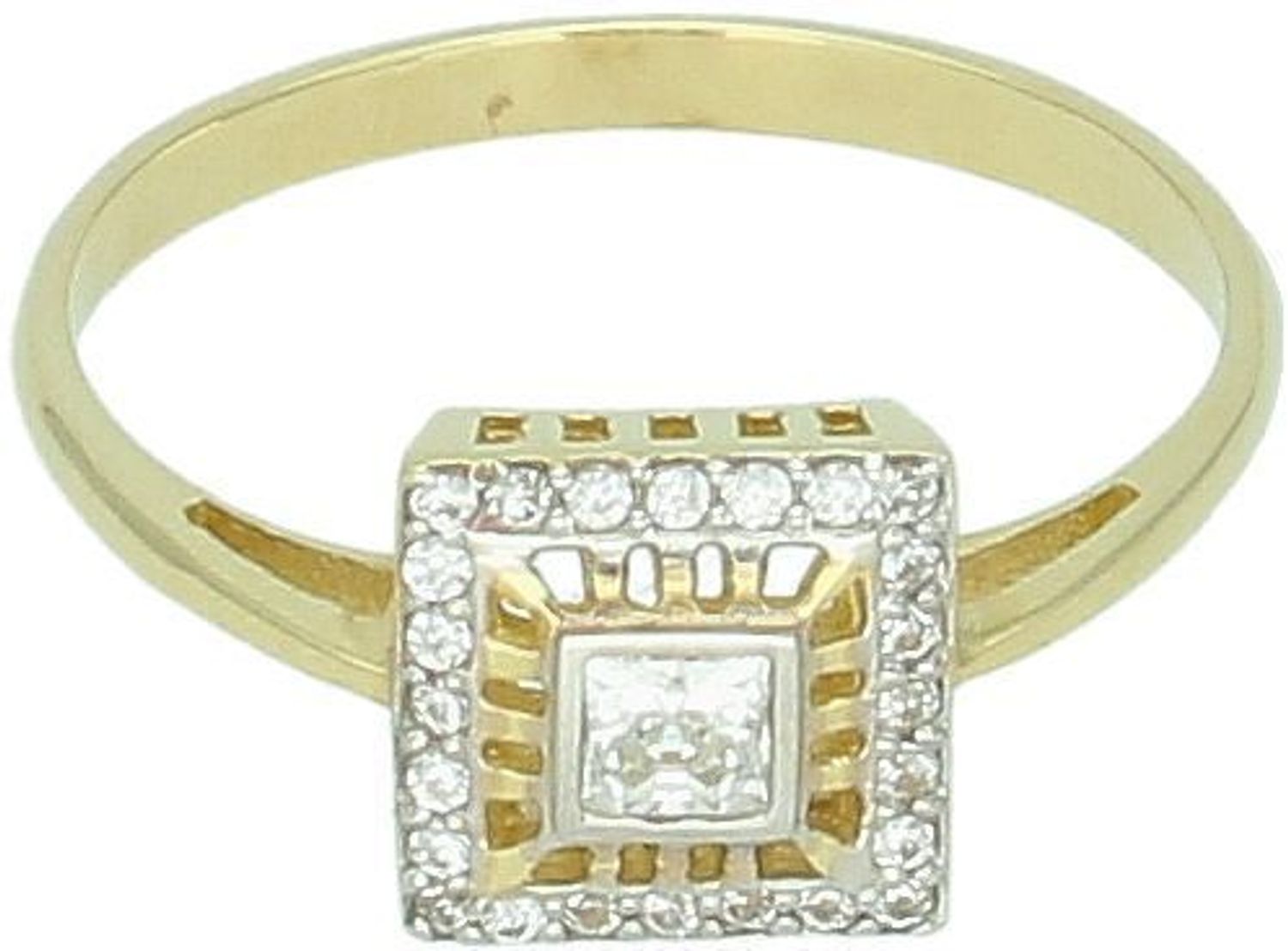Złoty pierścionek damski próba 585 z kwadratowym wzorem zdobionym cyrkoniami. Model DIA-PRS-7905-585, waga 1,97 g, szerokość szyny 1 mm, element ozdobny 8 mm, rozmiar 14. 1.jpg
