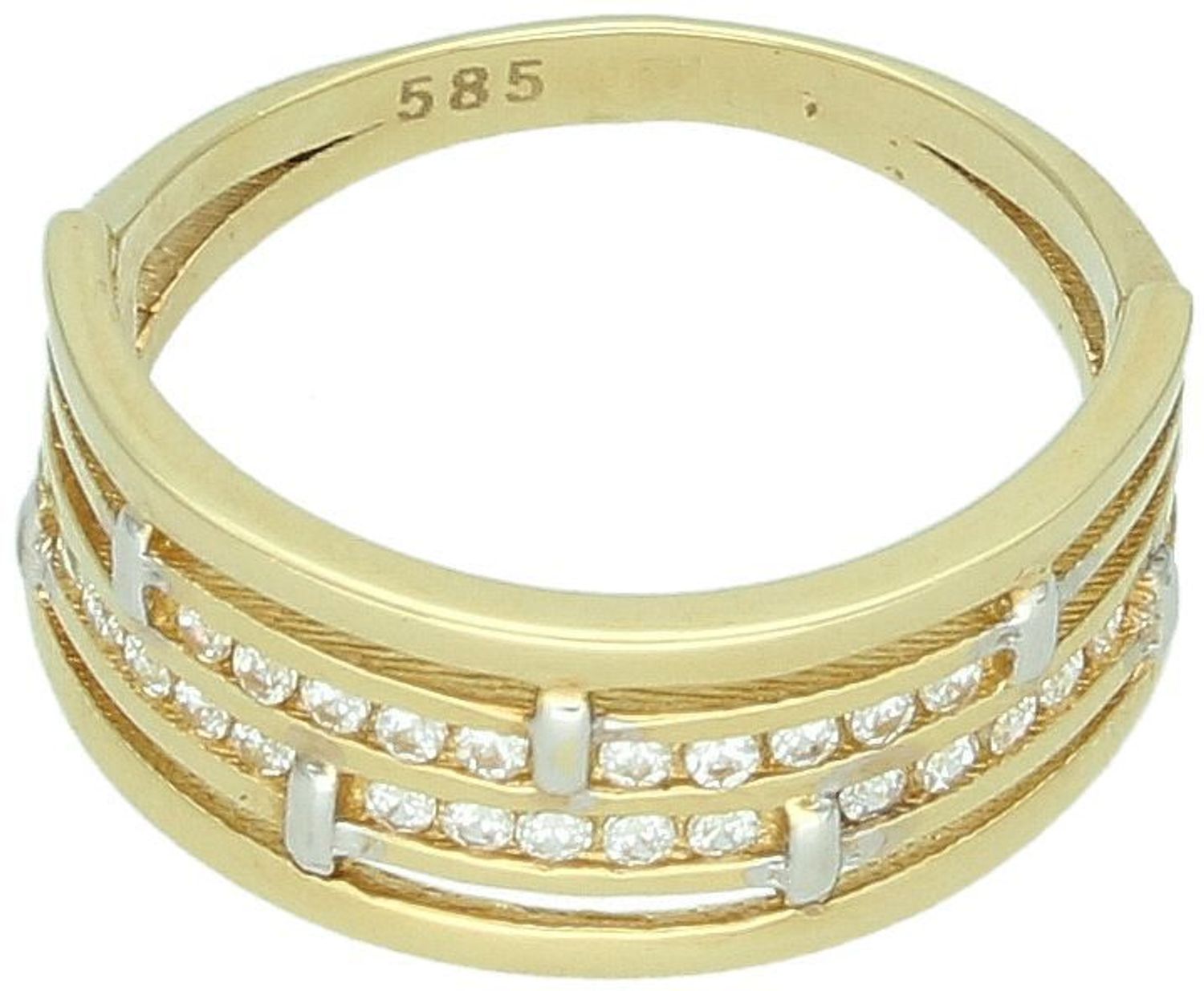 Złoty pierścionek damski próby 585 DIA-PRS-7907-585, bogato zdobiony cyrkoniami. Waga 3,15 g, szerokość górna 8 mm, dolna szyna 2 mm, rozmiar 14. Idealny na prezent.1.jpg