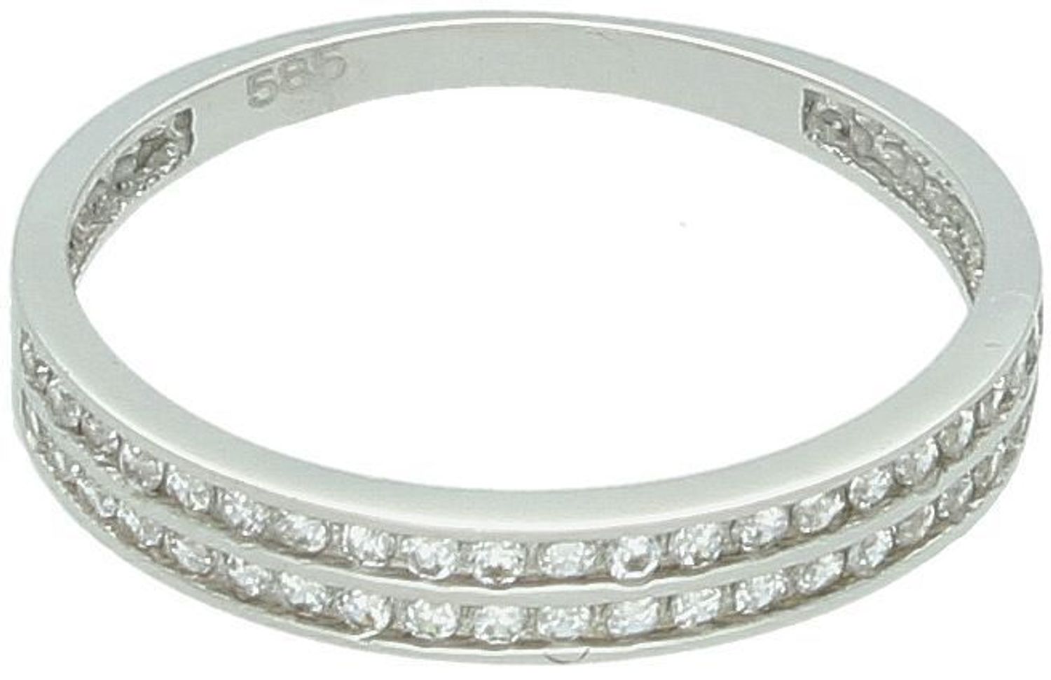 Damski pierścionek z białego złota 585 DIA-PRS-7909-585 z podwójnym rzędem kamieni. Rozmiar 14, waga 1,51 g. Szerokość górnej części 3 mm, dolna szyna 1 mm. Subtelny blask i elegancja.1.jpg