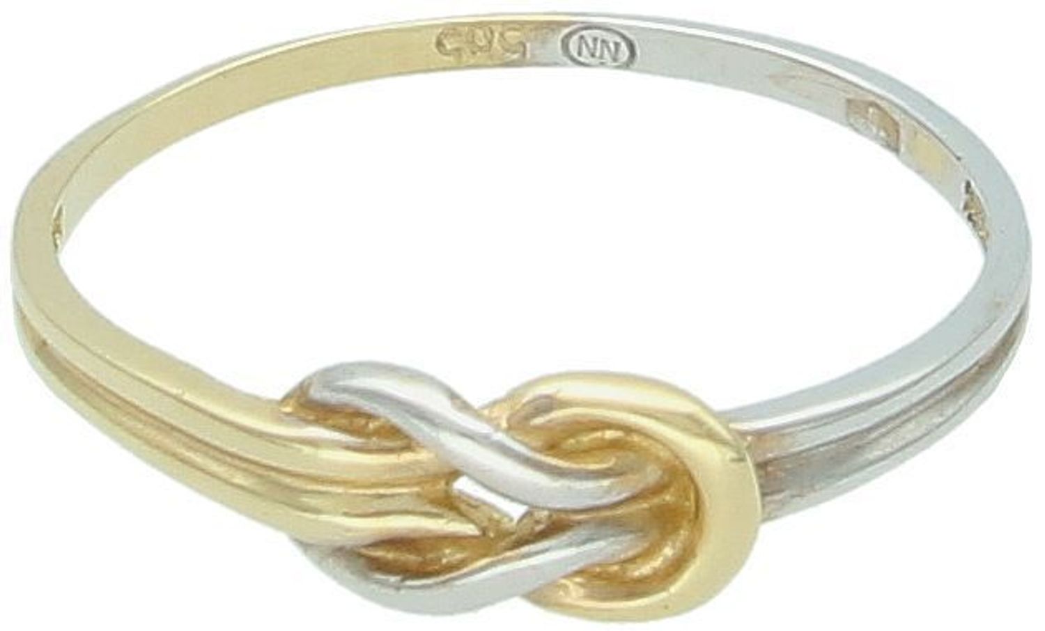 Złoty pierścionek damski pleciony z dodatkiem białego złota próby 585. Waga 1,04 g, szerokość elementu ozdobnego 4 mm x 7 mm, szerokość dolnej szyny 1 mm, elegancka biżuteria na co dzień.1.jpg