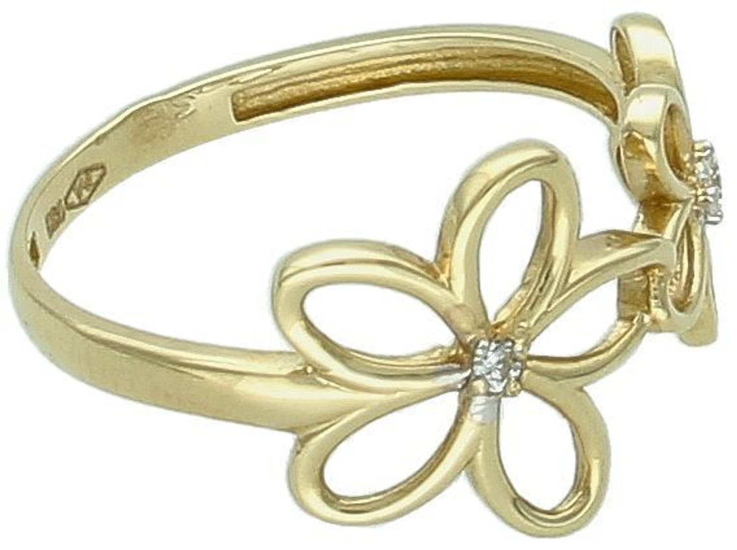 Złoty pierścionek Kwiatki z cyrkonią próba 585 rozmiar 14, DIA-PRS-7914-585. Złoty pierścionek z kwiatkami i cyrkonią to bardzo romantyczny i uroczy wybór! Kwiatowe wzory są klasyczne1.jpg