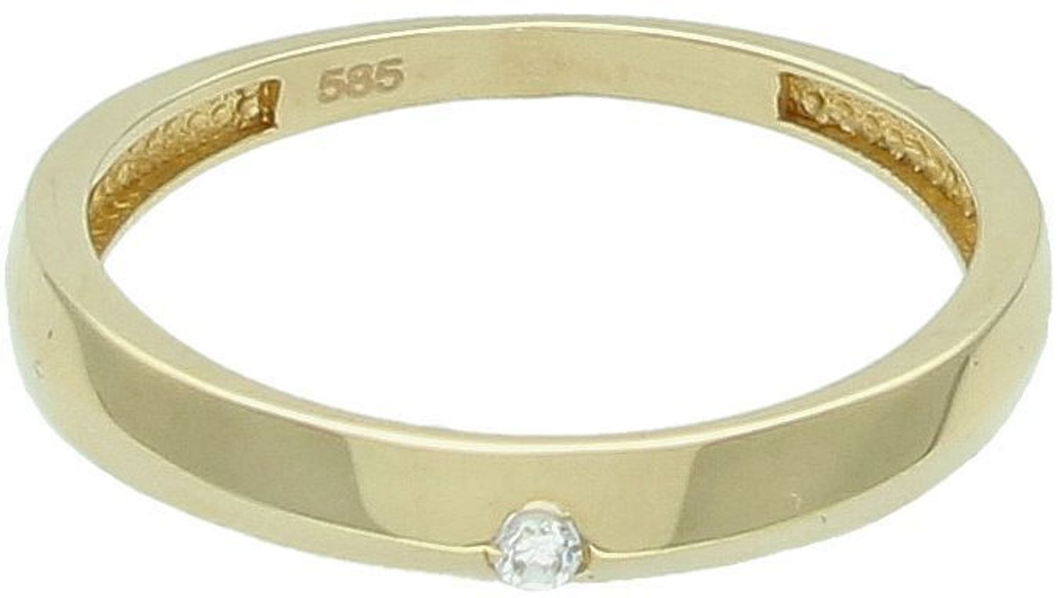 Delikatny pierścionek damski ze złota próby 585 z malutką cyrkonią na środku. Waga 1,38 g, rozmiar 15. Subtelna forma – idealna na prezent lub zaręczyny.1.jpg