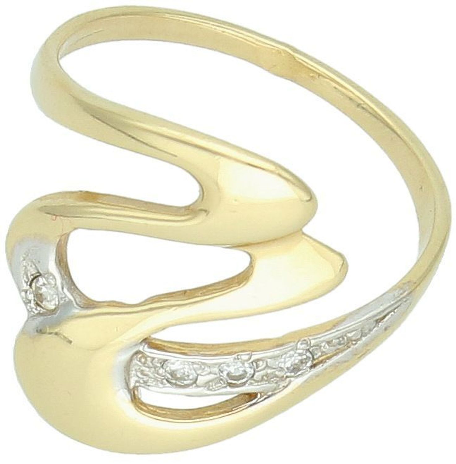 Złoty pierścionek damski próby 585 o geometrycznym kształcie. Model DIA-PRS-7921-585, rozmiar 15, element ozdobny 1,7 x 1,5 cm, szerokość szyny 1 mm. Designerski styl i elegancja.1.jpg