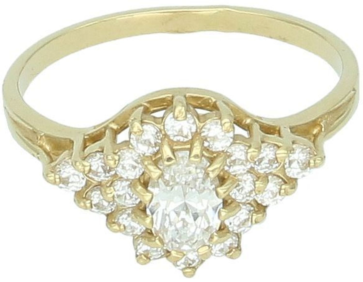 Złoty pierścionek damski próby 585 z ozdobnym koszyczkiem w cyrkonie 1,5x1,0 cm. Waga 2,76 g, rozmiar 15. Elegancki i lekki dodatek dla kobiet ceniących styl.1.jpg