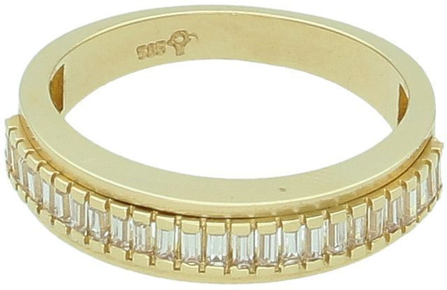 Złoty pierścionek damski próby 585 w formie obrączki, zdobiony prostokątnymi cyrkoniami. Model DIA-PRS-7929-585, rozmiar 15, waga 3,73 g. Klasyczna elegancja i solidne wykonanie.1.jpg