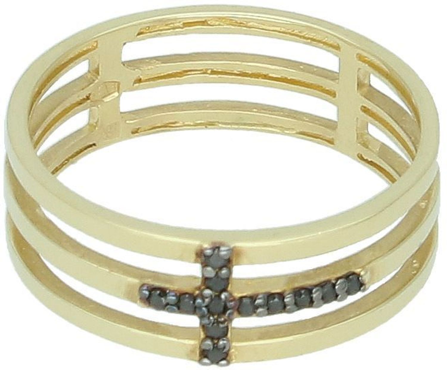 Złoty pierścionek damski próby 585 z krzyżem z czarnych cyrkonii. Model DIA-PRS-7931-585, rozmiar 15, szerokość 7 mm, waga 2,48 g. Styl i symbolika w jednym.1.jpg