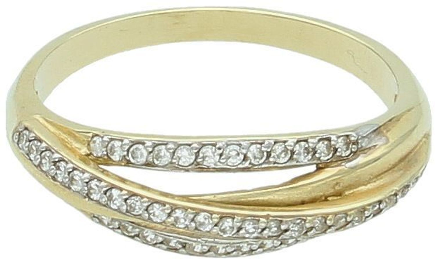 Złoty pierścionek damski DIA-PRS-7932-585 próby 585, zdobiony cyrkoniami. Rozmiar 15, szerokość górnej części 7 mm, waga 2,47 g. Elegancki i komfortowy.1.jpg