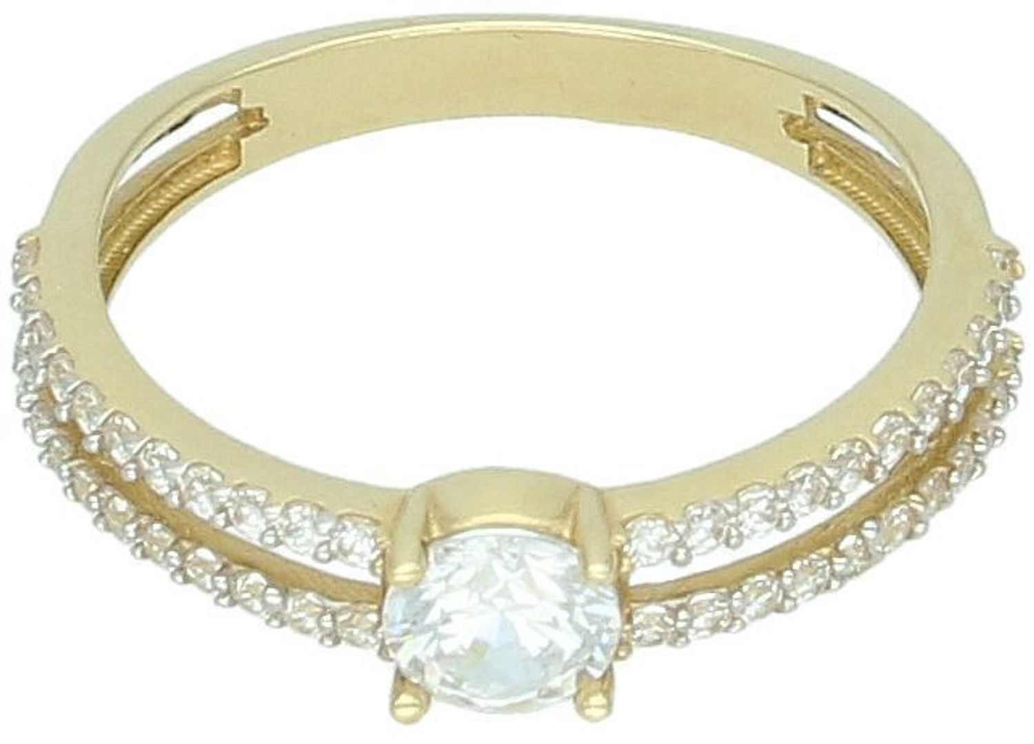 Złoty pierścionek damski próby 585, ozdobiony cyrkoniami. Waga 2,04 g, szerokość górnej części 5 mm, szerokość dolnej szyny 2 mm. Idealny wybór na zaręczyny – klasyczny i elegancki.1.jpg