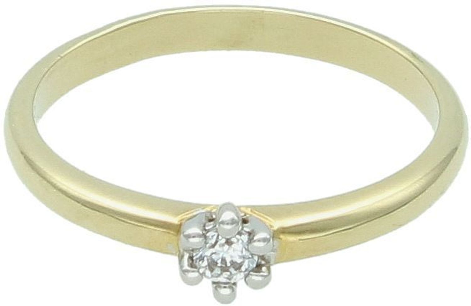 Złoty pierścionek damski próba 585 DIA-PRS-7938-585 z cyrkonią 4 mm. Klasyczny model zaręczynowy w rozmiarze 15. Waga 2,04 g, szerokość szyny 2 mm. Elegancja i ponadczasowy styl.1.jpg