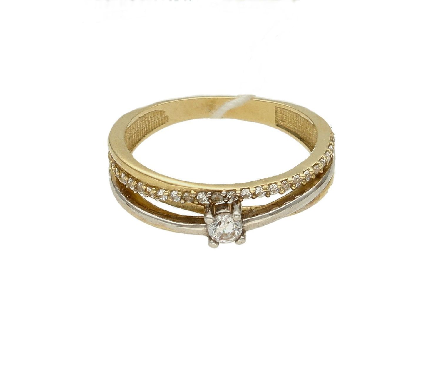 Złoty pierścionek 585  białym złotem i cyrkoniami DIA-PRS-7944-585. Przepiękny pierścionek podwójny w połączeniu białego i żółtego złota, który został ozdobiony błyszczącymi cyrkoniami. Pierścionek z wysokiej jakości 14-kara (4).jpg