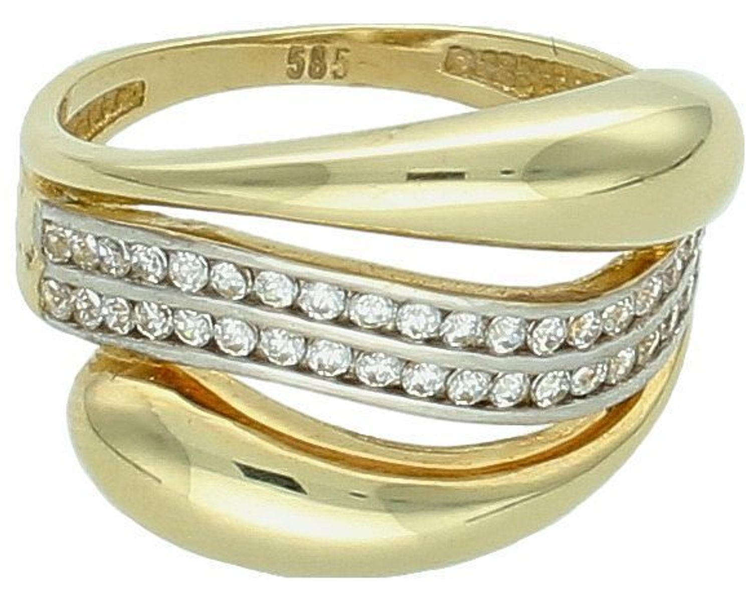 Złoty pierścionek fala ozdobiony białą cyrkonią próba 585, DIA-PRS-7946-585. Nowoczesny złoty pierścionek z białą cyrkonią to elegancki i nowoczesny wybór, który z pewnością przyciągnie uwagę. 1.jpg