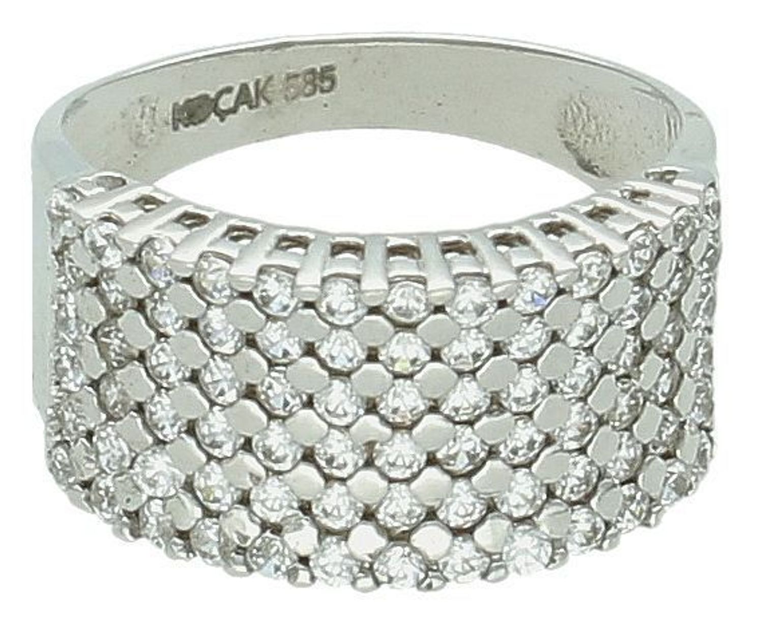 Złoty pierścionek białe złoto rząd cyrkonii próba 585, DIA-PRS-7949-585. Złota oprawa z błyszczącymi cyrkoniami podkreśla luksusowy charakter pierścionka. Efektowny pierścionek, który idealnie 1.jpg