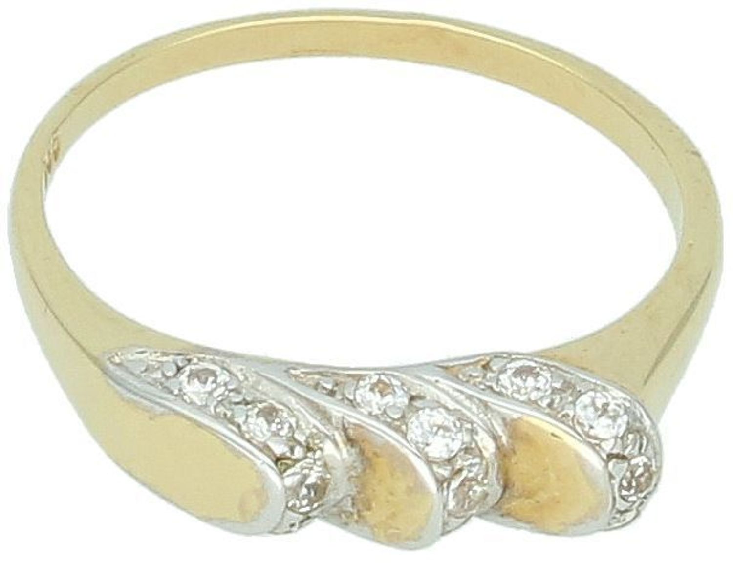 Złoty pierścionek damski próby 585 z trzema geometrycznymi elementami i cyrkoniami. Model DIA-PRS-7952-585, rozmiar 16, waga 2,60 g. Elegancka biżuteria w nowoczesnym stylu.1.jpg