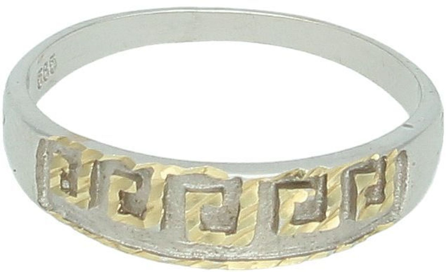 Pierścionek damski z białego i żółtego złota próby 585 DIA-PRS-7953-585, zdobiony greckim wzorem. Waga 2,07 g, szerokość 5 mm, rozmiar 16. Styl klasyczny i elegancki.1.jpg