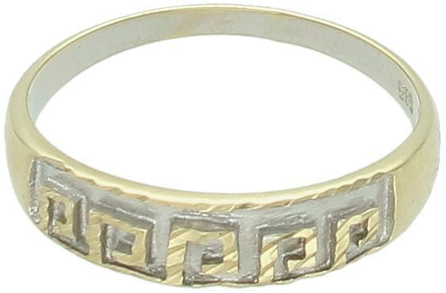 Pierścionek damski z białego i żółtego złota próby 585 DIA-PRS-7953-585, zdobiony greckim wzorem. Waga 2,07 g, szerokość 5 mm, rozmiar 16. Styl klasyczny i elegancki.1.jpg