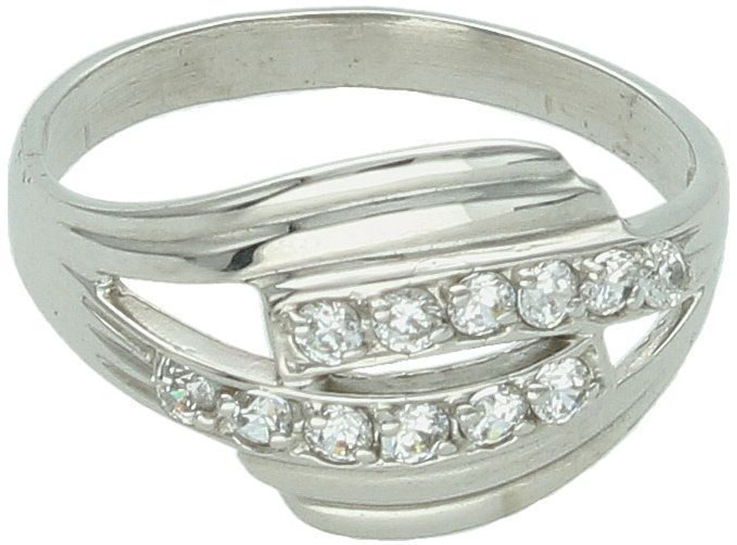 Stylowy pierścionek damski z białego złota próby 585, zdobiony cyrkoniami, waga 2,92 g, szerokość górnej części 1,3 cm, rozmiar 16.1.jpg