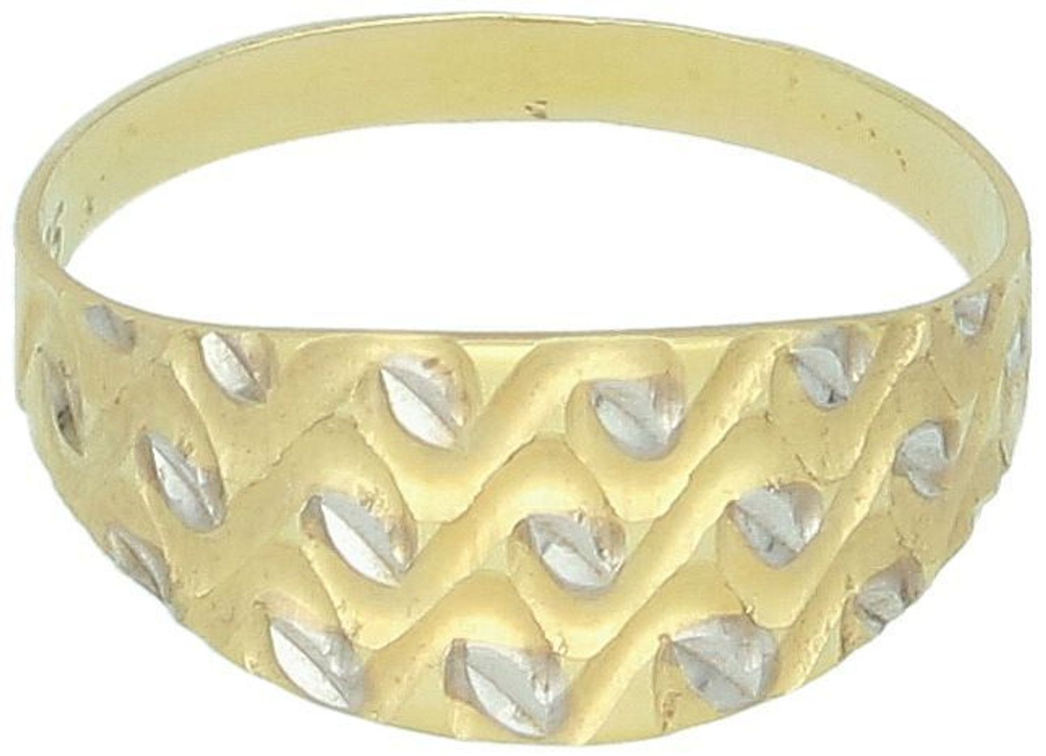 Pierścionek damski DIA-PRS-7955-585 ze złota próby 585 zdobiony wzorem z elementami białego złota. Szerokość góry 9 mm, szyny 2 mm, waga 1,45 g.1.jpg