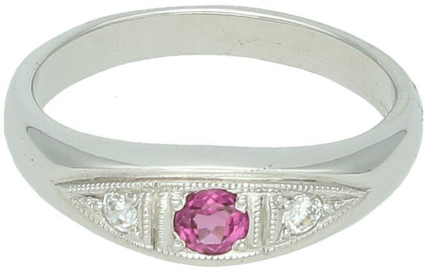 Pierścionek z białego złota próby 585 DIA-PRS-7959-585 z różową cyrkonią. Rozmiar 16, waga 3,77 g, szerokość 6 mm. Subtelna elegancja – idealny na prezent. Gwarancja i opakowanie gratis.1.jpg