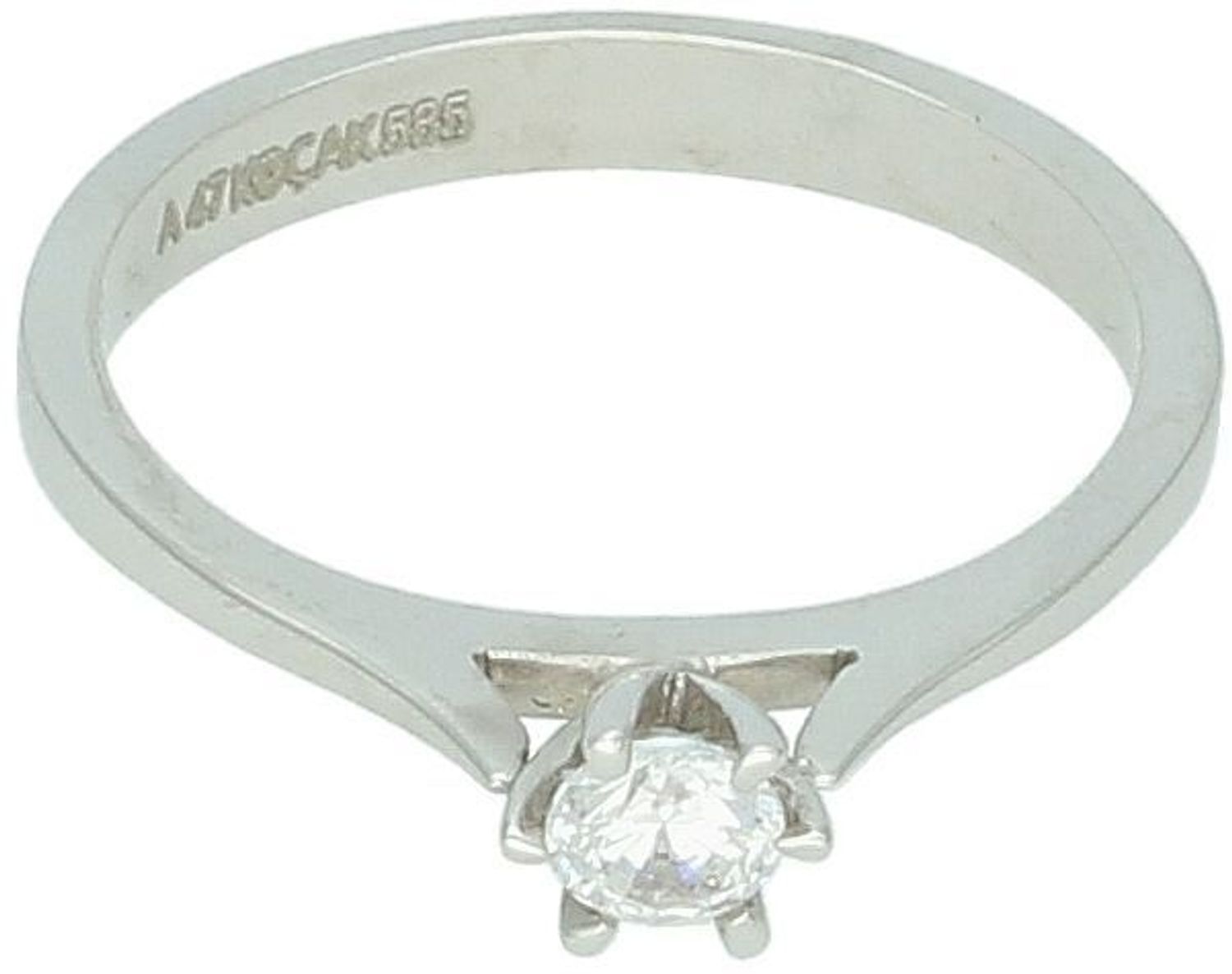 Pierścionek damski z białego złota próby 585 DIA-PRS-7965-585, zdobiony cyrkonią 5 mm. Waga 2,55 g, szerokość szyny 3 mm, rozmiar 16. Nowoczesna elegancja na każdą okazję.1.jpg