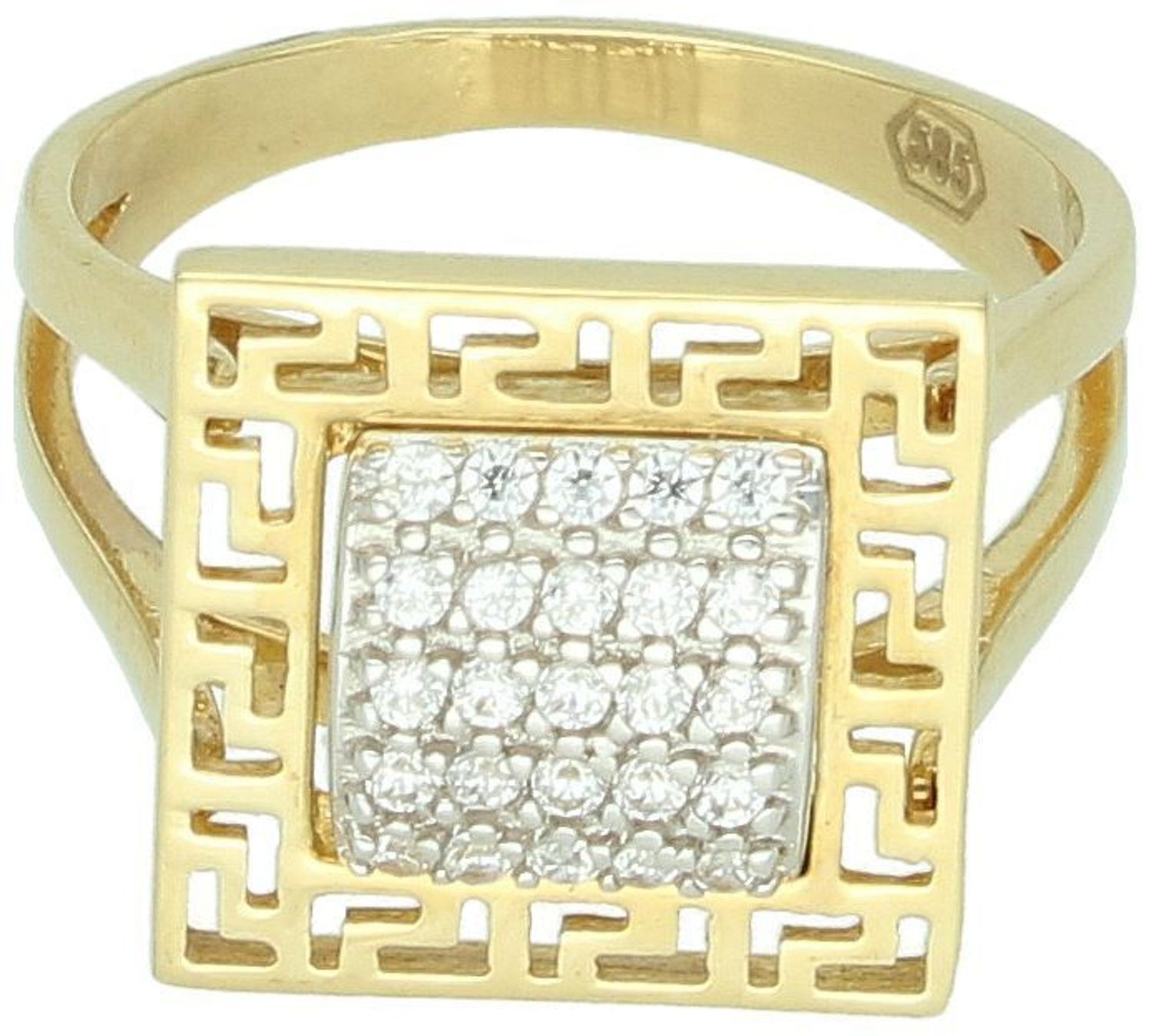 Pierścionek damski złoty 585 z kwadratowym greckim wzorem i białymi cyrkoniami. DIA-PRS-7968-585, rozmiar 16, waga 4,34 g – elegancja i styl w klasycznej formie.1.jpg
