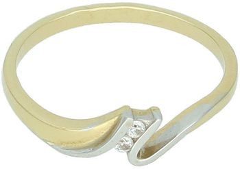 Złoty pierścionek damski DIA-PRS-7972-585 próby 585 z białym złotem i dwoma cyrkoniami. Szerokość ozdoby 5 mm, szyna 1 mm, waga 1,91 g. Elegancka i delikatna biżuteria.1.jpg