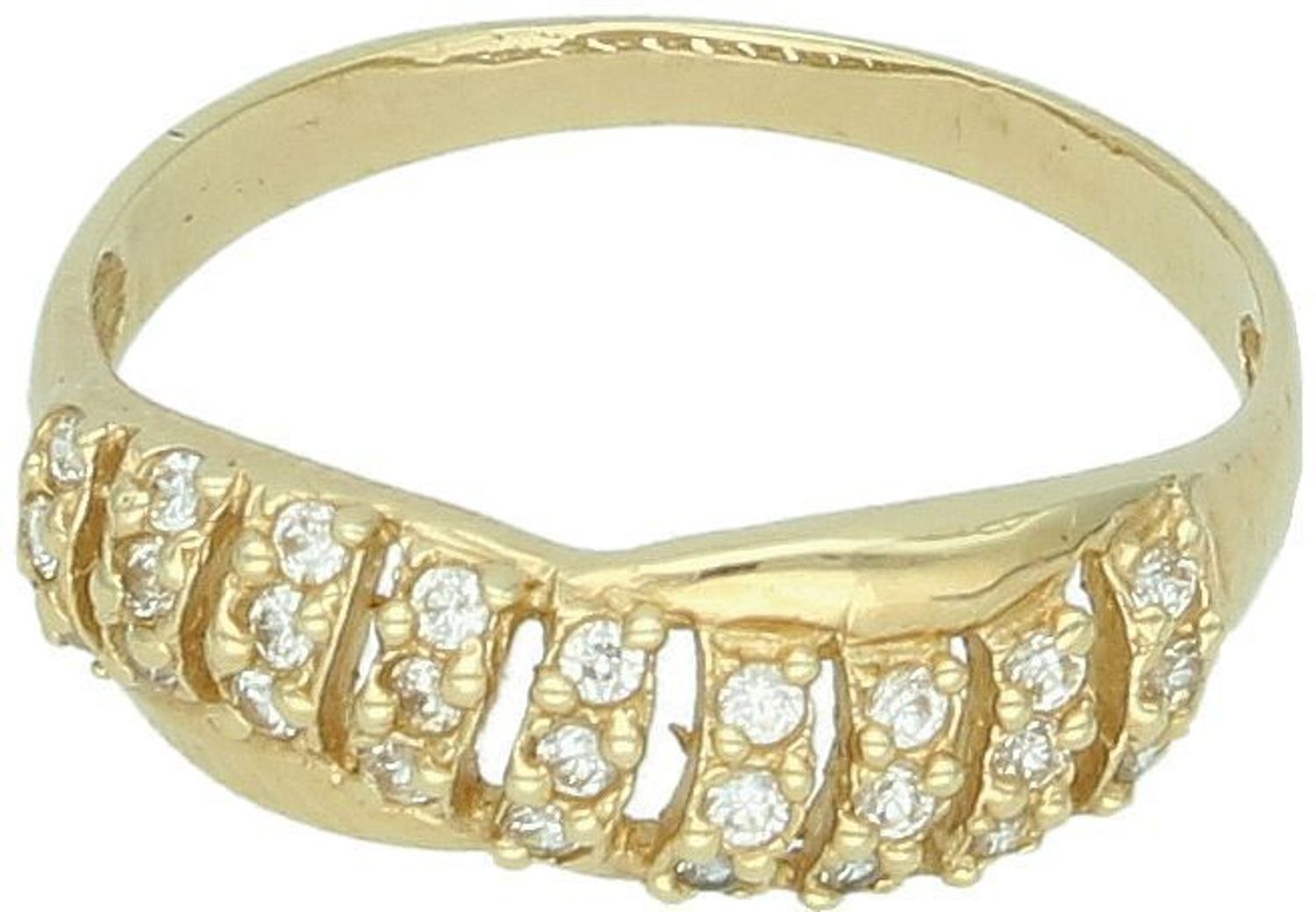 Złoty pierścionek damski DIA-PRS-7974-585 próby 585, zdobiony cyrkoniami. Szerokość górnej części 6 mm, szyna dolna 2 mm, waga 1,90 g. Klasyka i kobieca elegancja.1.jpg