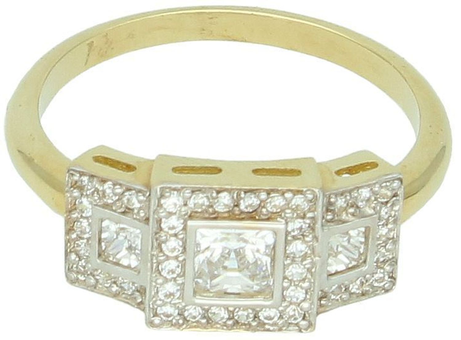 Złoty pierścionek damski DIA-PRS-7977-585 z trzema kwadratami zdobionymi cyrkoniami. Próba 585, waga 2,84 g, rozmiar 16. Elegancki i delikatny – idealny na prezent.1.jpg