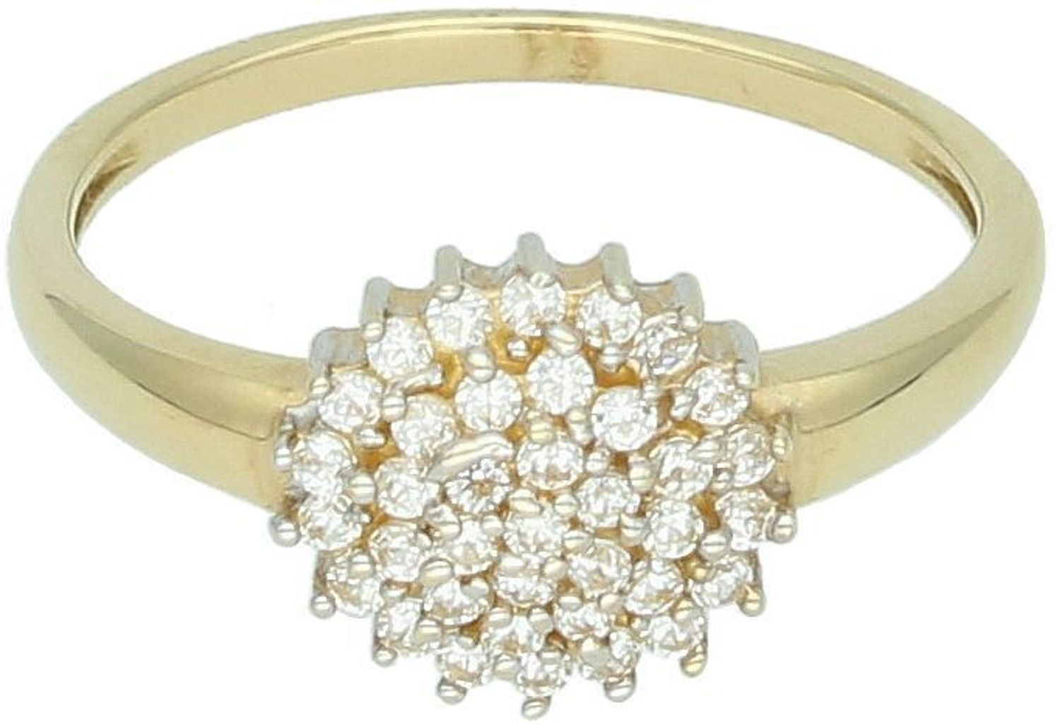 Złoty pierścionek damski DIA-PRS-7980-585 próby 585. Zdobiony okrągłym elementem z cyrkonią (1 cm), rozmiar 16, waga 2,13 g, szerokość szyny 1 mm. Subtelna elegancja.1.jpg