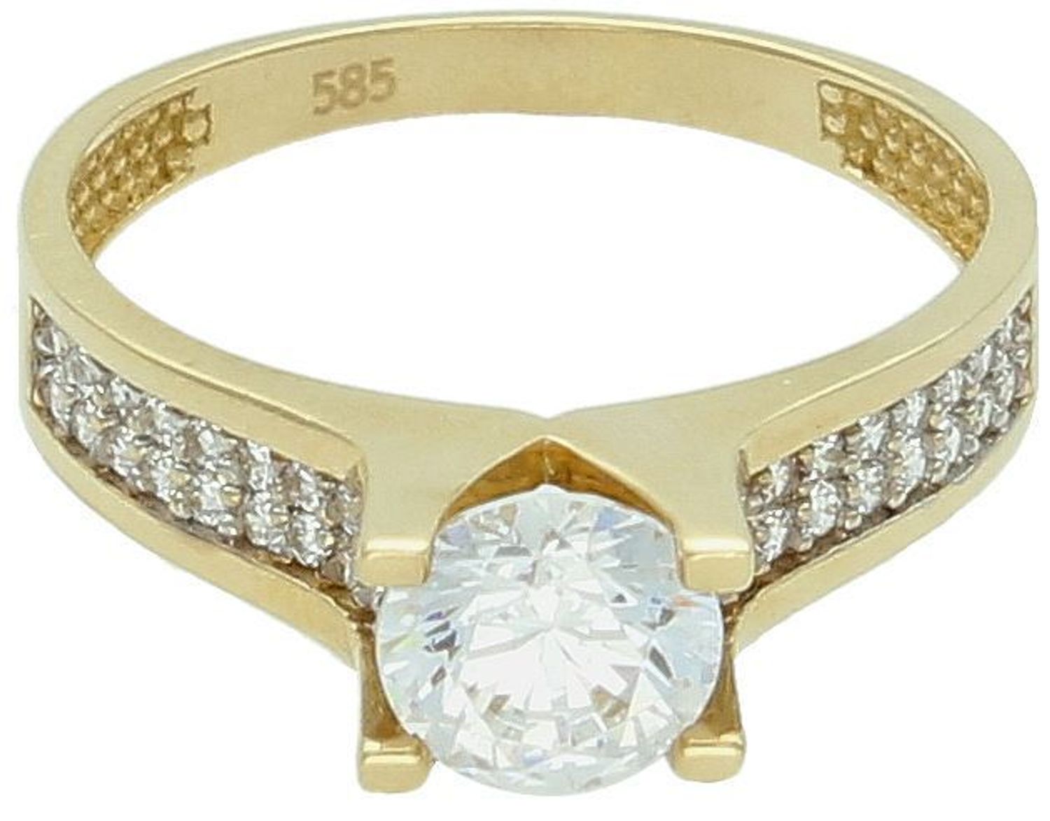 Złoty pierścionek damski próba 585 z dużą cyrkonią 7 mm i mniejszymi kamieniami. Waga 3,13 g, rozmiar 16. Elegancki dodatek na zaręczyny lub wyjątkowy prezent.1.jpg