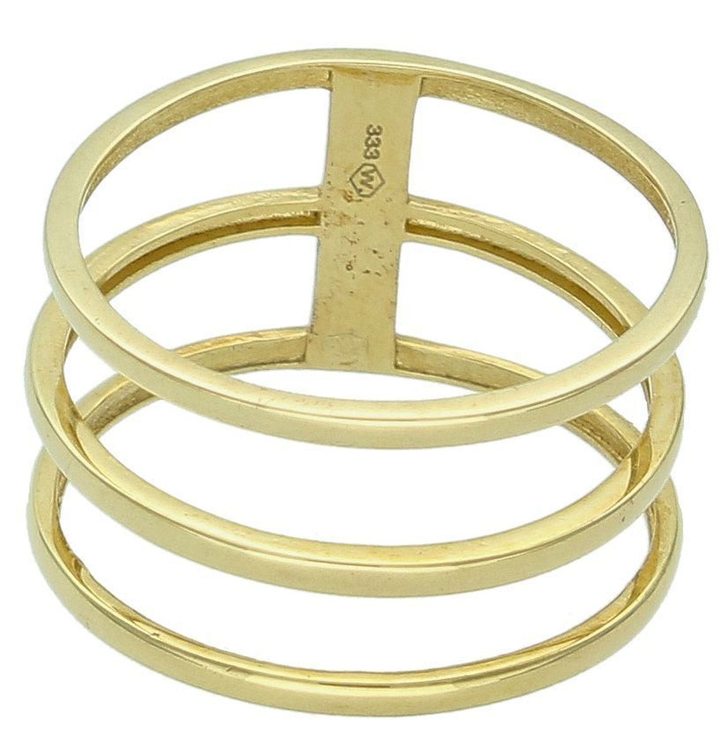 Złoty pierścionek damski 333 Potrójna obrączka DIA-PRS-7989-333 Złoty pierścionek z gładkiego złota w formie trzech obręczy. Piękny pierścionek wykonany z wysokiej jakości złota próby 333. 1.jpg