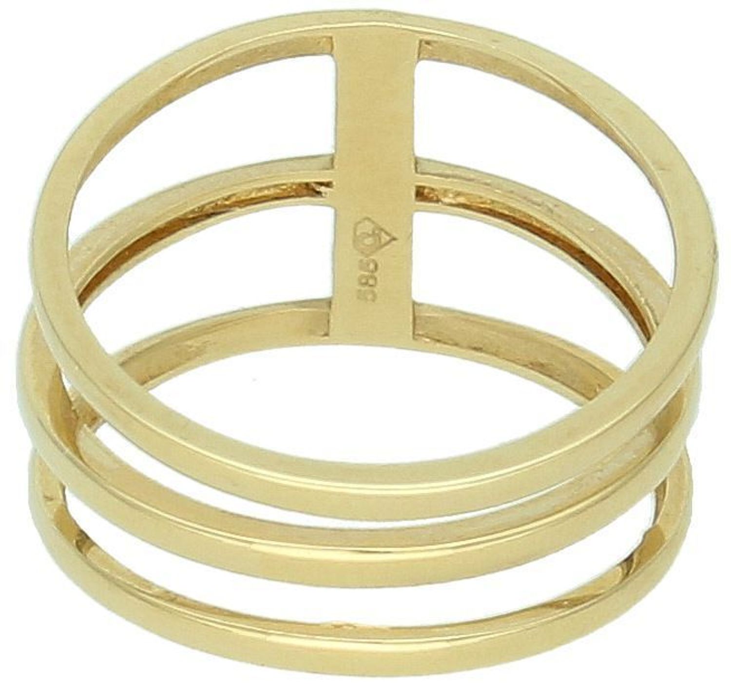 Złoty pierścionek damski 585 złożony z trzech połączonych obrączek. Model DIA-PRS-7989-585 waży 3,11 g. Nowoczesny design i klasyczne złoto w jednym.11.jpg