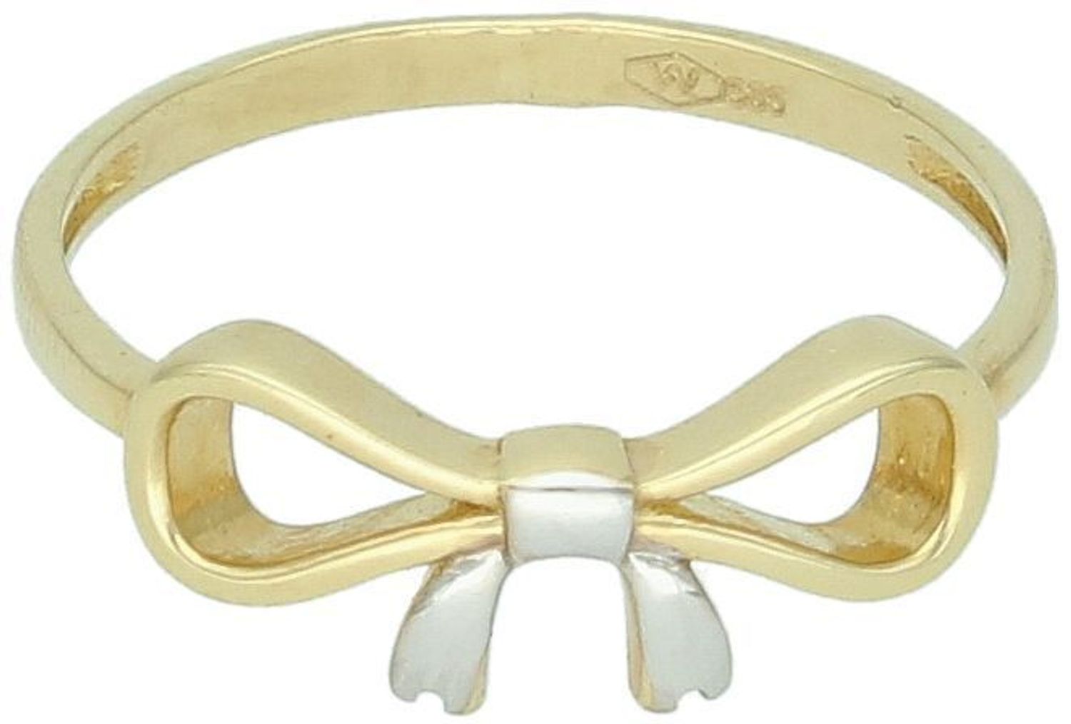 Złoty pierścionek damski DIA-PRS-7993-585 z ozdobną kokardką i dodatkiem białego złota. Próba 585, waga 1,70 g, ozdoba 1,6 cm x 6 mm, szyna 2 mm. Subtelna i stylowa biżuteria.1.jpg