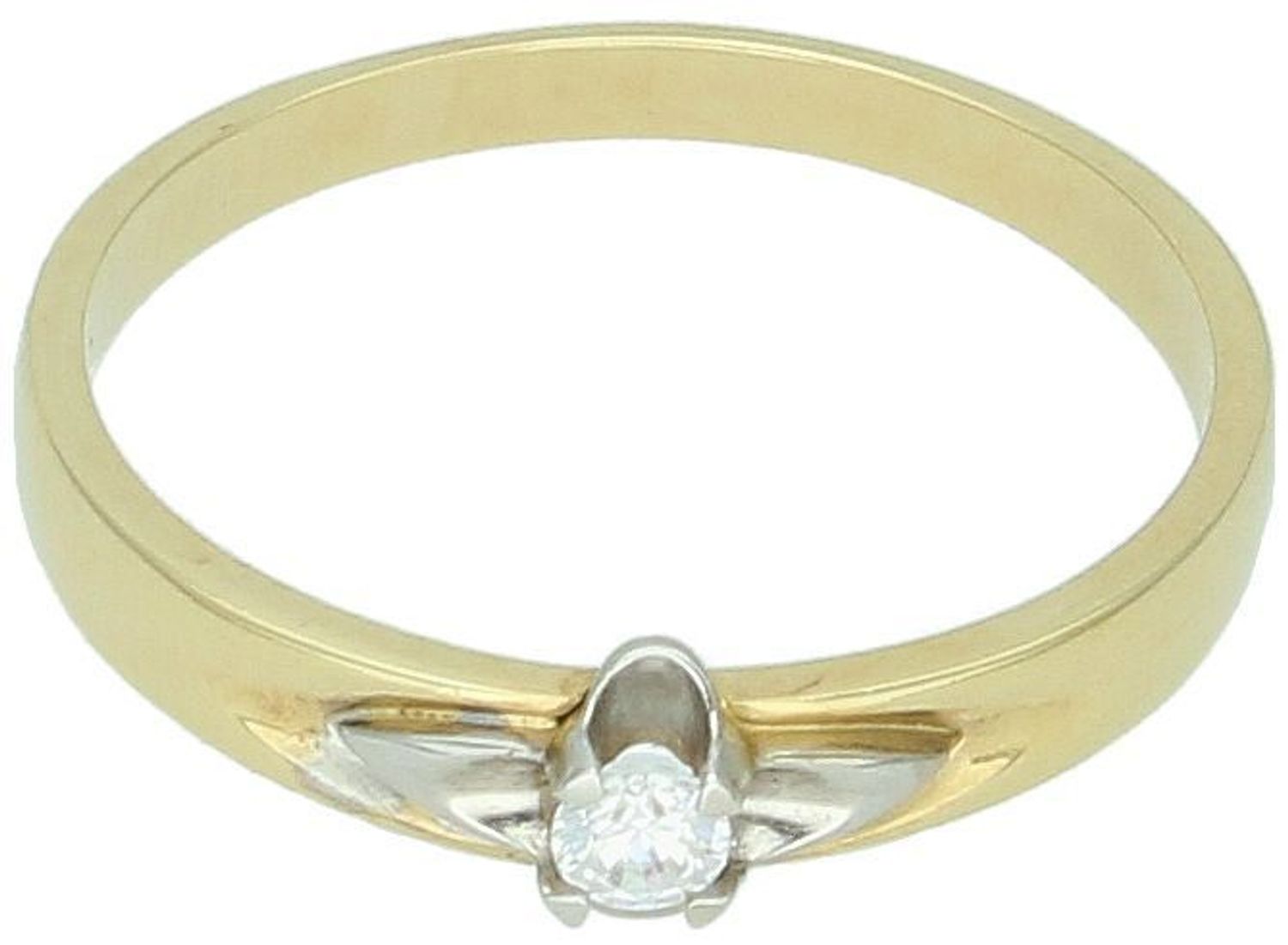 Złoty pierścionek damski z cyrkonią, próba 585. Model DIA-PRS-7995-585, waga 2,13 g, szerokość górna 5 mm, dolna szyna 2 mm. Elegancki i ponadczasowy wybór.1.jpg