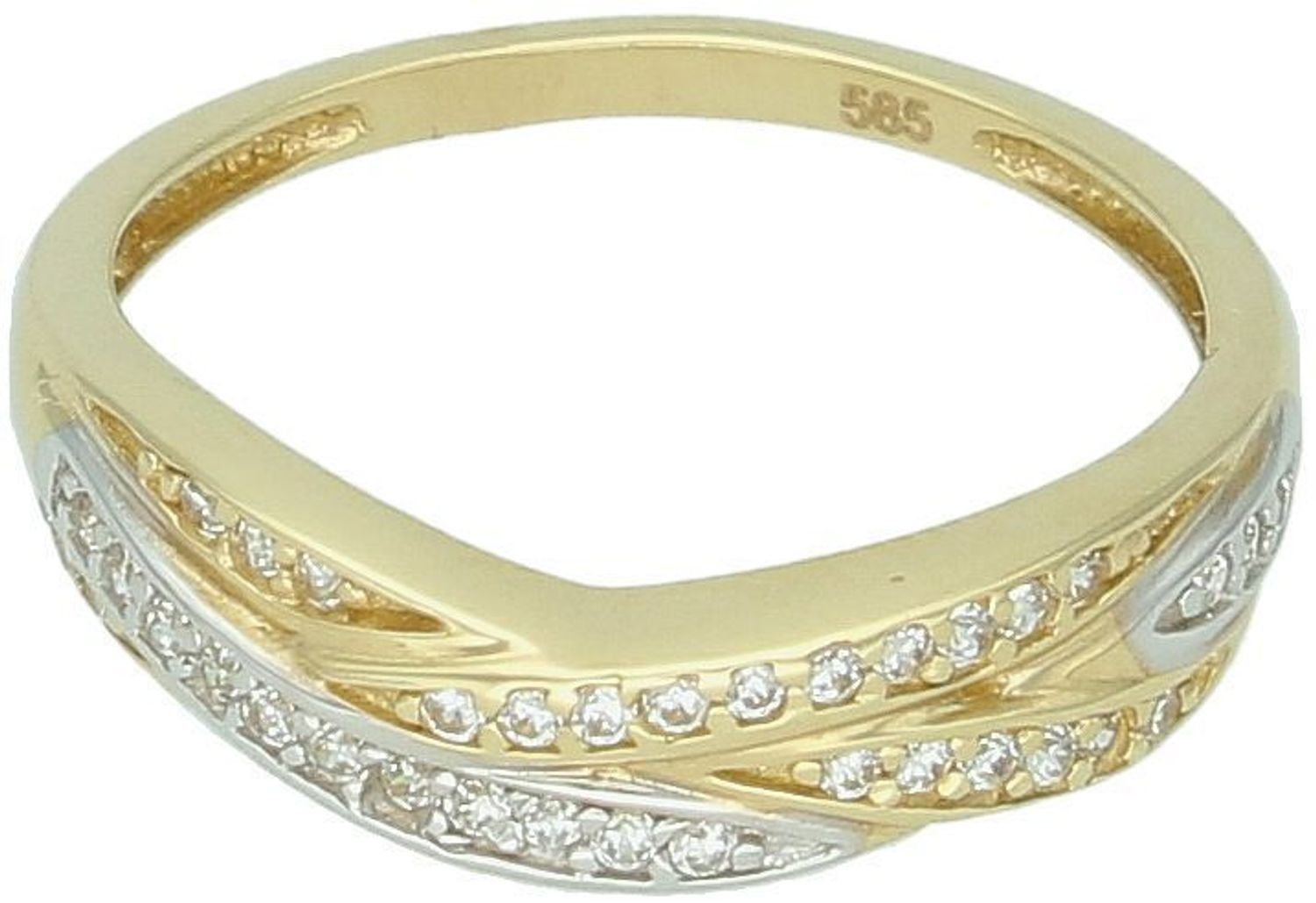 Pierścionek damski złoty DIA-PRS-7996-585 próby 585, pleciony motyw z cyrkoniami. Szerokość góry 5 mm, szyny 1 mm, waga 2,45 g. Subtelna elegancja na każdą okazję.1.jpg