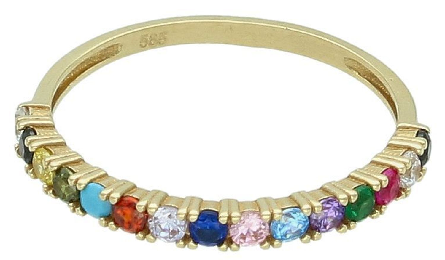 Pierścionek złoty obrączka z kolorowymi cyrkoniami 585  Złoty pierścionek o gładkiej powierzchni ozdobiony kolorową cyrkonią. Złoty pierścionek wykonany z 14-karatowego żółtego złota. 1.jpg