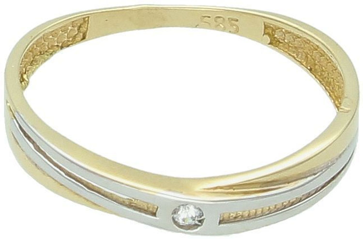 Subtelny pierścionek damski z białego i żółtego złota próby 585, zdobiony małą cyrkonią, waga 1,44 g, szerokość górnej części 3 mm, wygodny i elegancki.1.jpg
