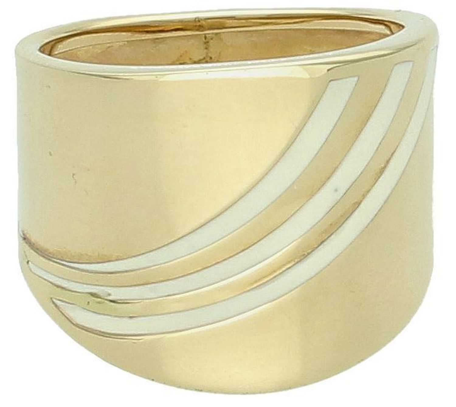 Złoty szeroki pierścionek z wzorem białej emalii próba 585, DIA-PRS-8005-585. Szeroki złoty pierścionek z wzorem białej emalii to biżuteria, która łączy elegancję złota, tworząc 1.jpg