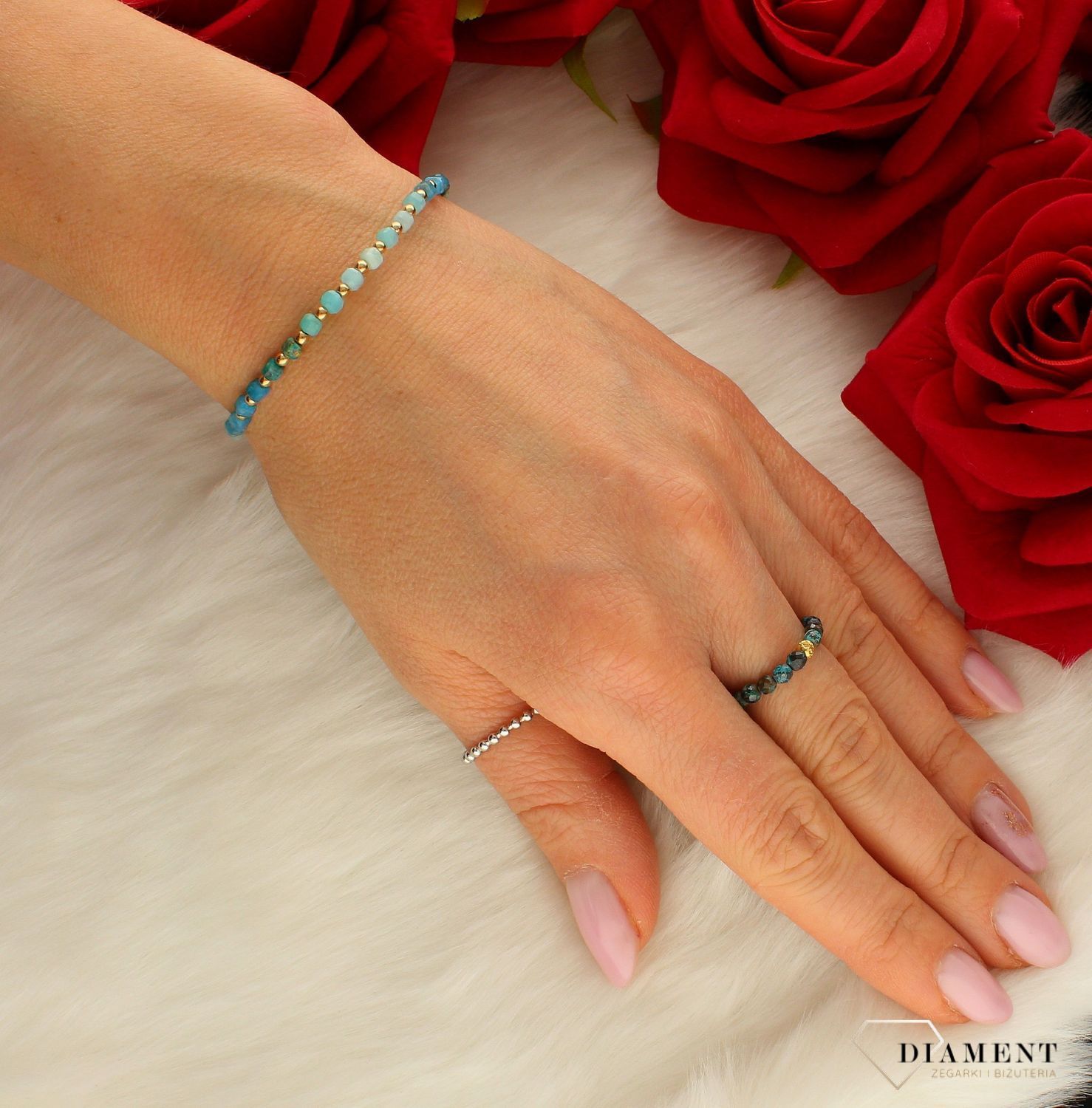 Pierścionek  złoty damski na gumce kamienie naturalne chryzokola DIA-PRS-8159-585. damski pierścionek modny. pierścionek insta..jpg